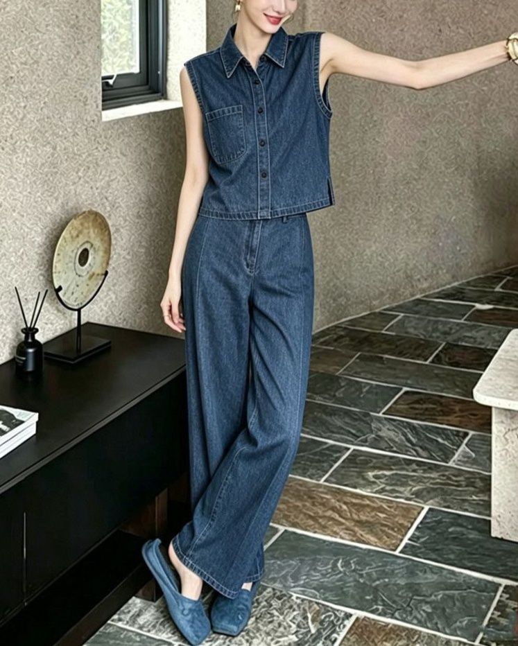 デニムセットアップ ノースリーブデニムジャケットワイドパンツ上下セット