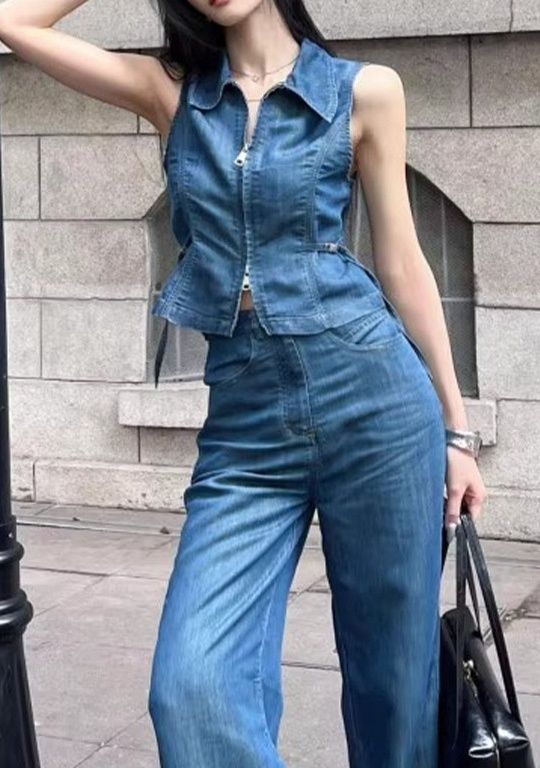 デニムセットアップ レディース 夏新作 ノースリーブ襟付きデニムベスト ジップアップ ワイドパンツ 2点セット カジュアル トレンド 韓国風