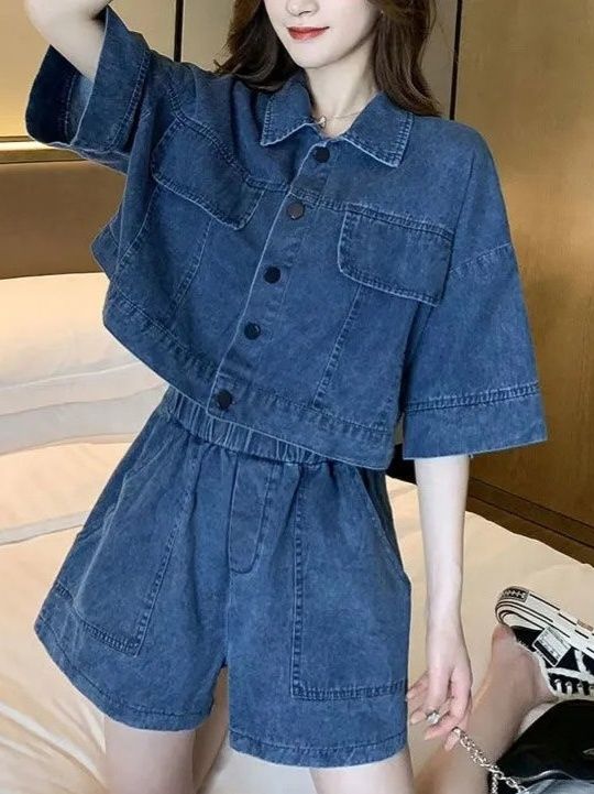 デニムセットアップ レディース 夏新作 半袖デニムトップス ショートパンツ 2点セット ゆったり 体型カバー カジュアル トレンド おしゃれ