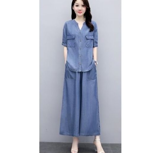 デニムセットアップ デニム半袖シャツとワイドパンツの上下セット