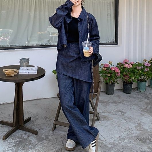 デニムセットアップ デニムジャケットとスカート付きワイドパンツの