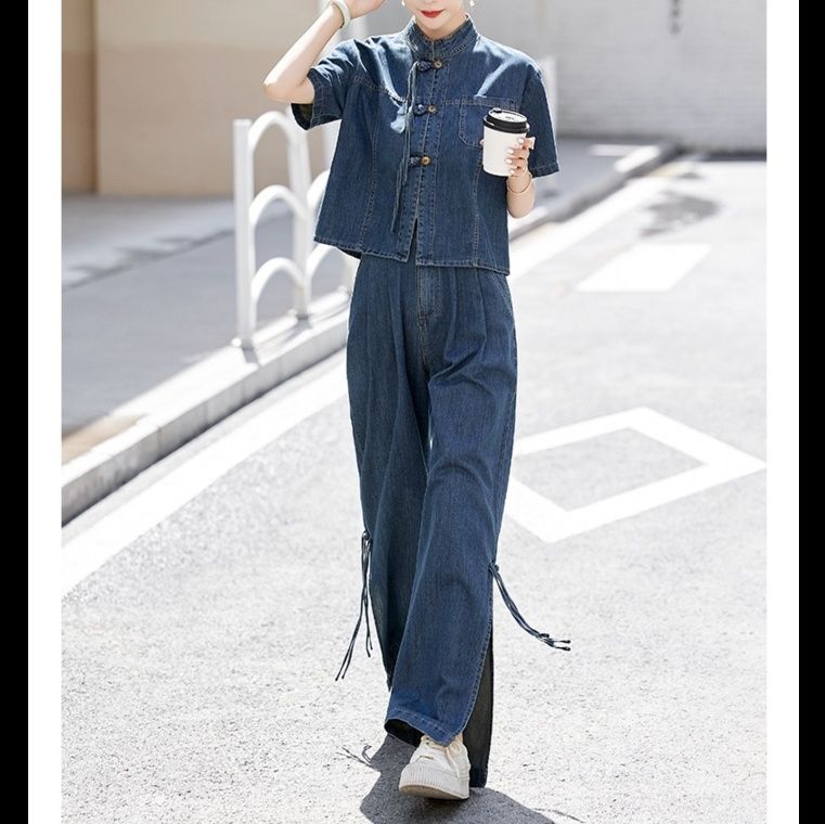デニムセットアップ スタンドカラー半袖ジージャンと紐付きワイドパンツセット