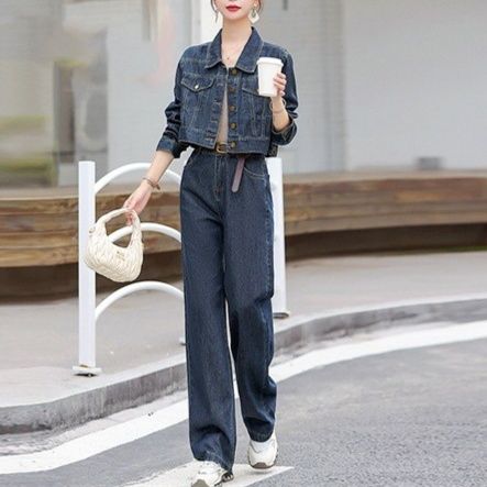 デニムセットアップ クロップド丈ジージャンとワイドパンツのデニムセットアップ