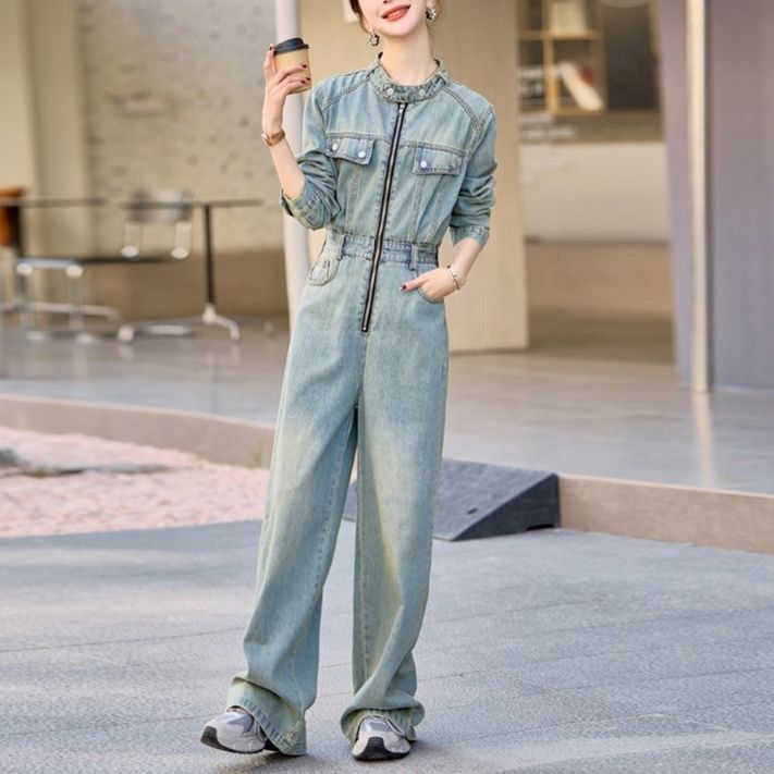 デニムセットアップ デニム素材ウエスト絞りつなぎ風ワイドパンツ