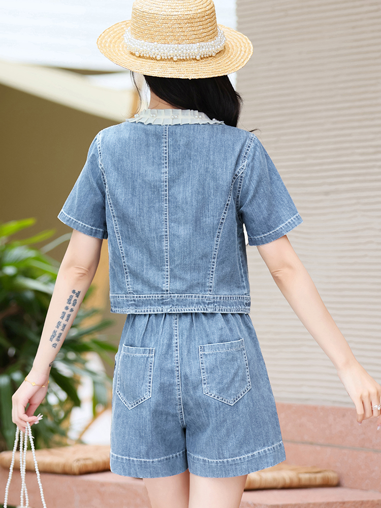 デニムセットアップ フリル襟レトロデニムセットアップ