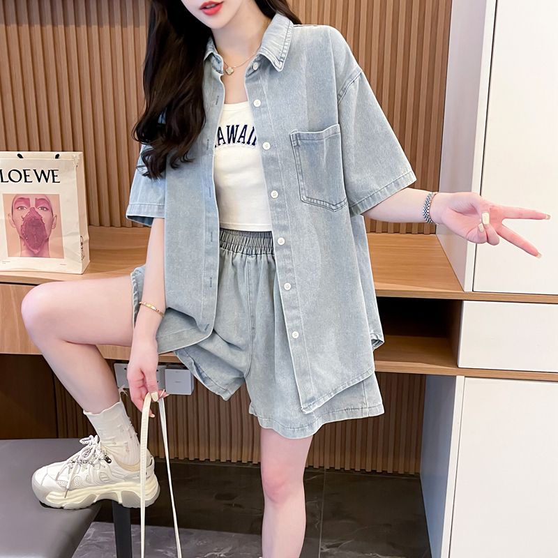 デニムセットアップ ゆったりデニムシャツとショートパンツセット