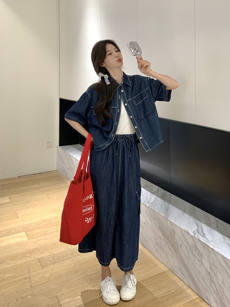 デニムセットアップ ゆったりポケット付きスカートセット