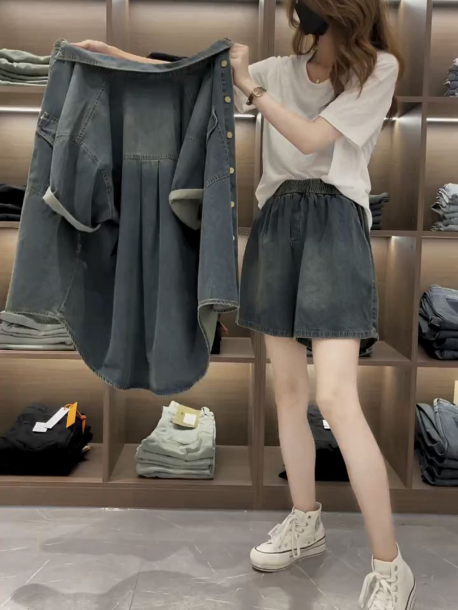 デニムセットアップ ゆったり半袖デニムシャツセット