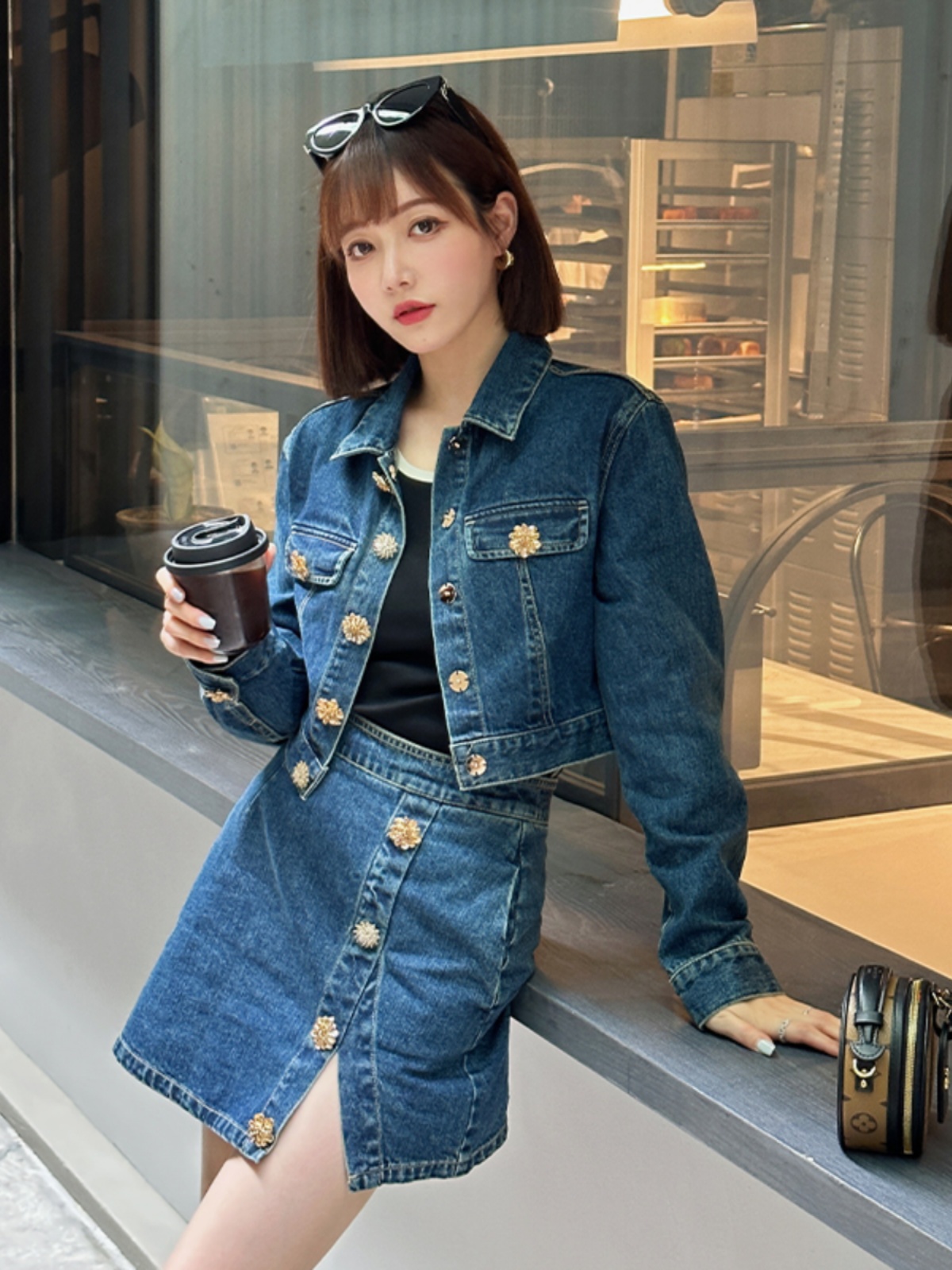デニムセットアップ 花モチーフボタン デニムセットアップ