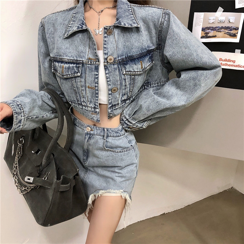 デニムセットアップ クロップド丈ダメージデニムセット