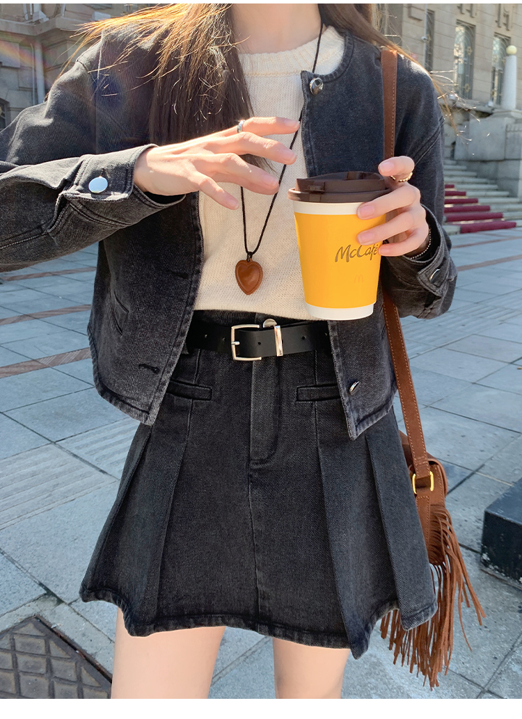 デニムセットアップ ノーカラージャケットスカートセット