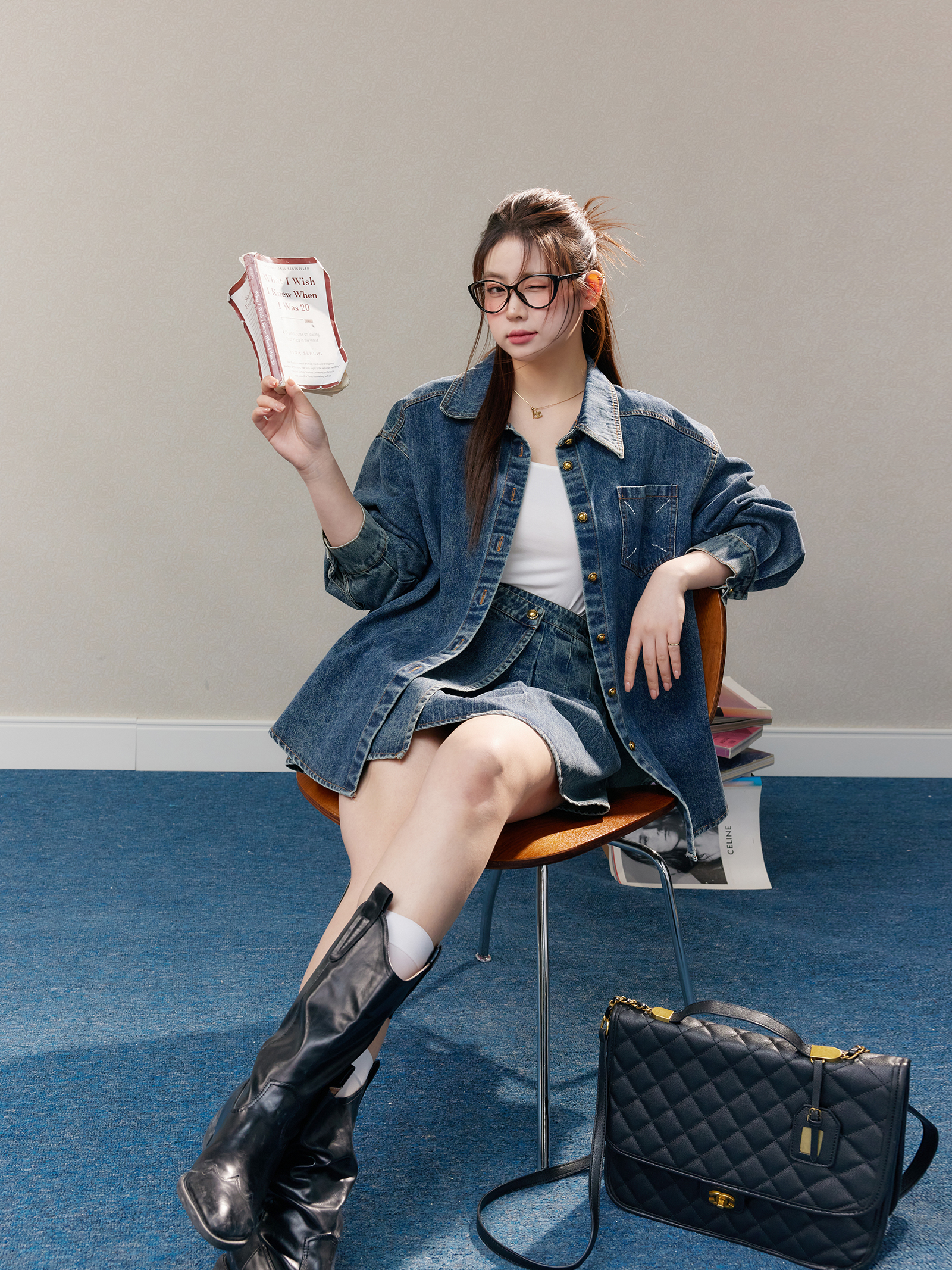 デニムセットアップ ゆったりシルエット プリーツスカートセット