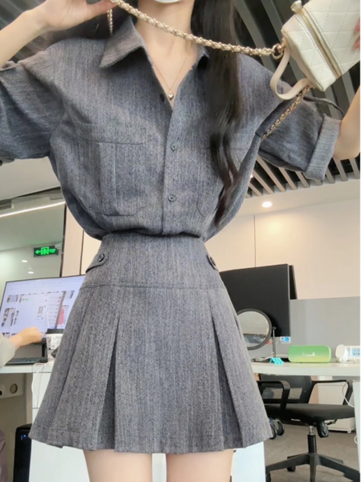 デニムセットアップ シャツ×プリーツミニスカート セット
