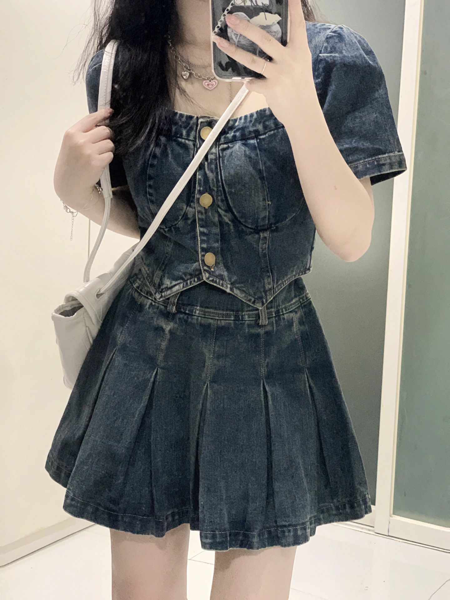 デニムセットアップ プリーツデニムベストスカートセット