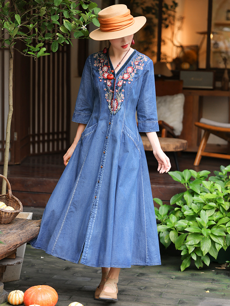 デニムセットアップ 花柄刺繍デニムVネックロングワンピース