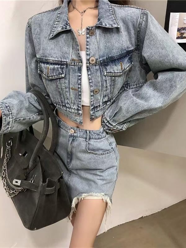 デニムセットアップ クロップド丈デニムジャケット＆裾切りっぱなしスカート