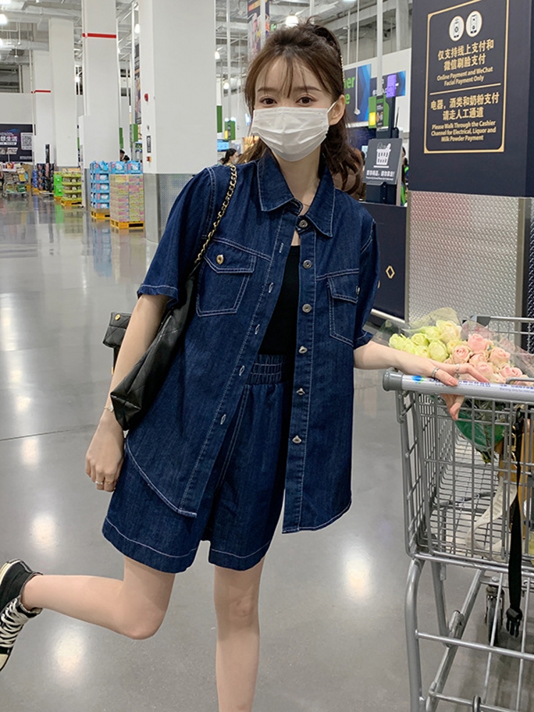 デニムセットアップ ゆったり半袖デニムセットアップ