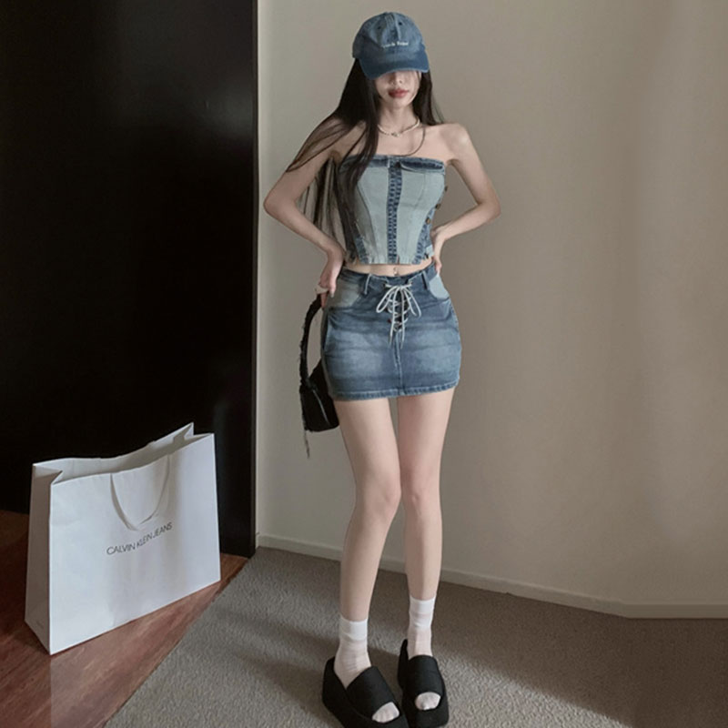 デニムセットアップ 細身シルエット デニム ビスチェ スカート セット
