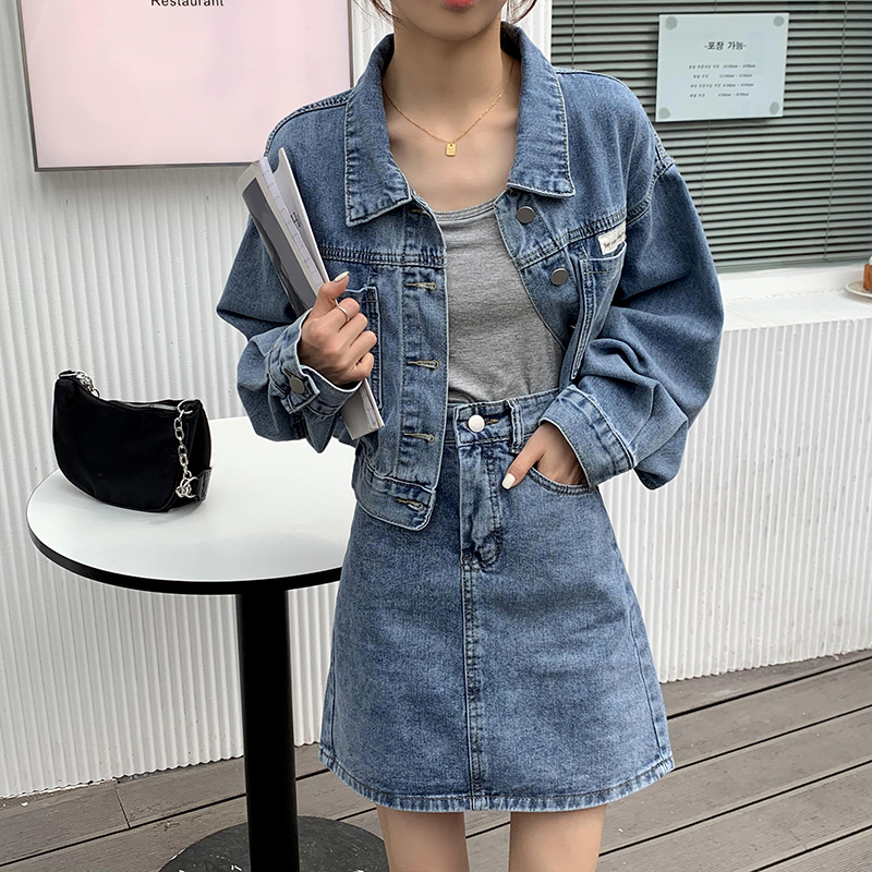デニムセットアップ ヴィンテージ風デニムジャケット＆ミニスカート二点セット