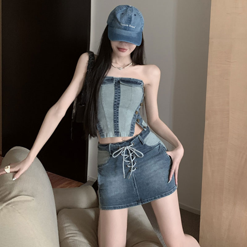 デニムセットアップ 細身シルエット デニム ビスチェ スカート セット