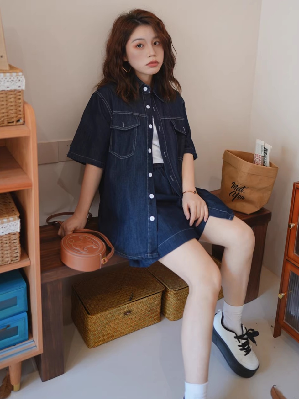 デニムセットアップ こなれ感ポケット付きデニム上下セット