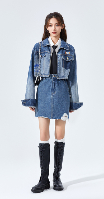 デニムセットアップ クロップド切替ジャケット×スカート