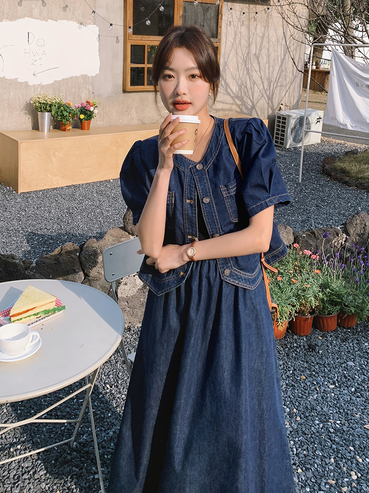 デニムセットアップ　パフスリーブ春夏デニムセットアップ