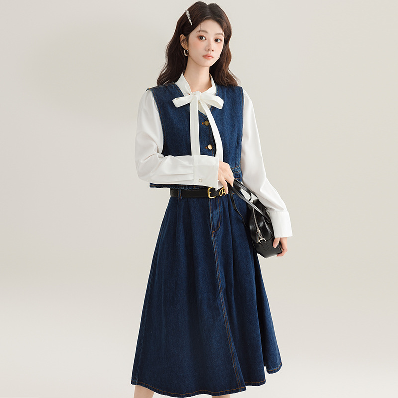 デニムセットアップ リボン付きベスト×フレアスカート