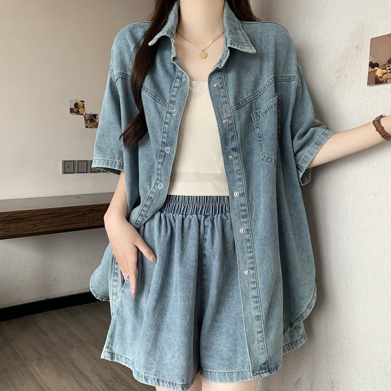 ゆったりデニム半袖シャツ＆ショートパンツ 夏用細見えレトロカジュアルセットアップ