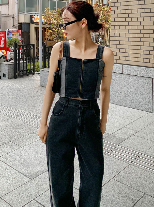デニムセットアップ フロントジッパービスチェパンツセット
