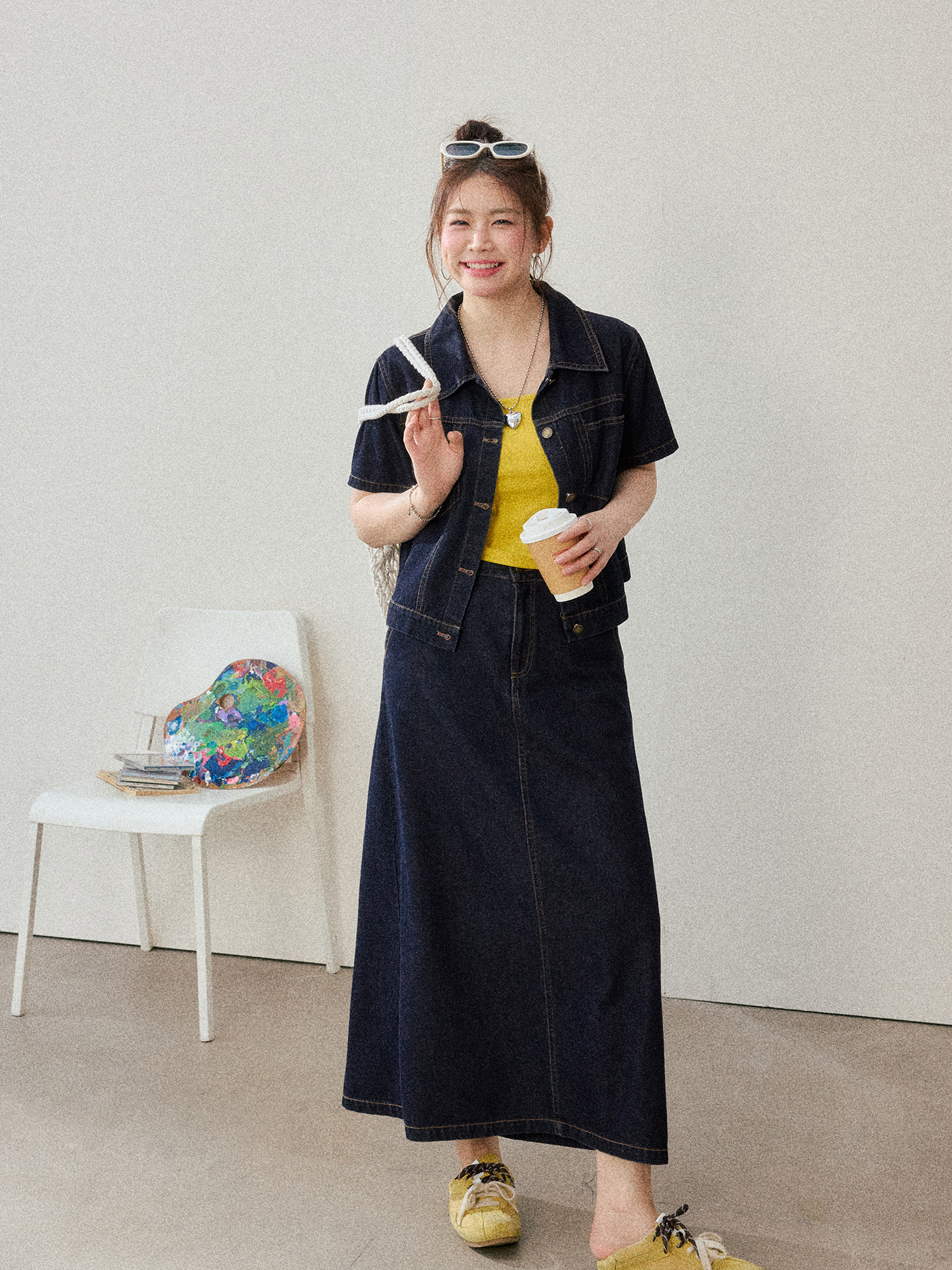 デニムセットアップ 半袖ジャケット×ロングスカート