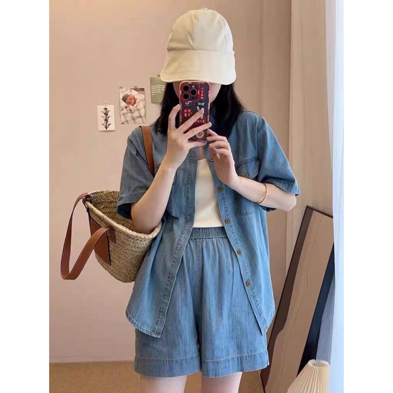 デニムセットアップ リラックス風合いシャツショートパンツ