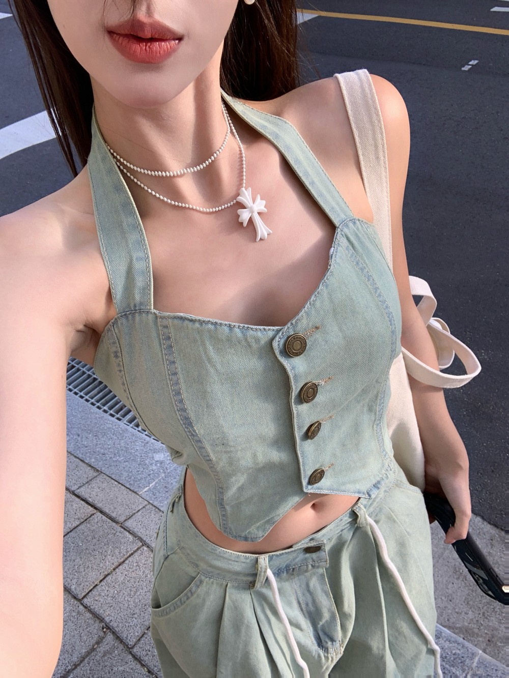 デニムセットアップ 麗しのビスチェワイドパンツセット
