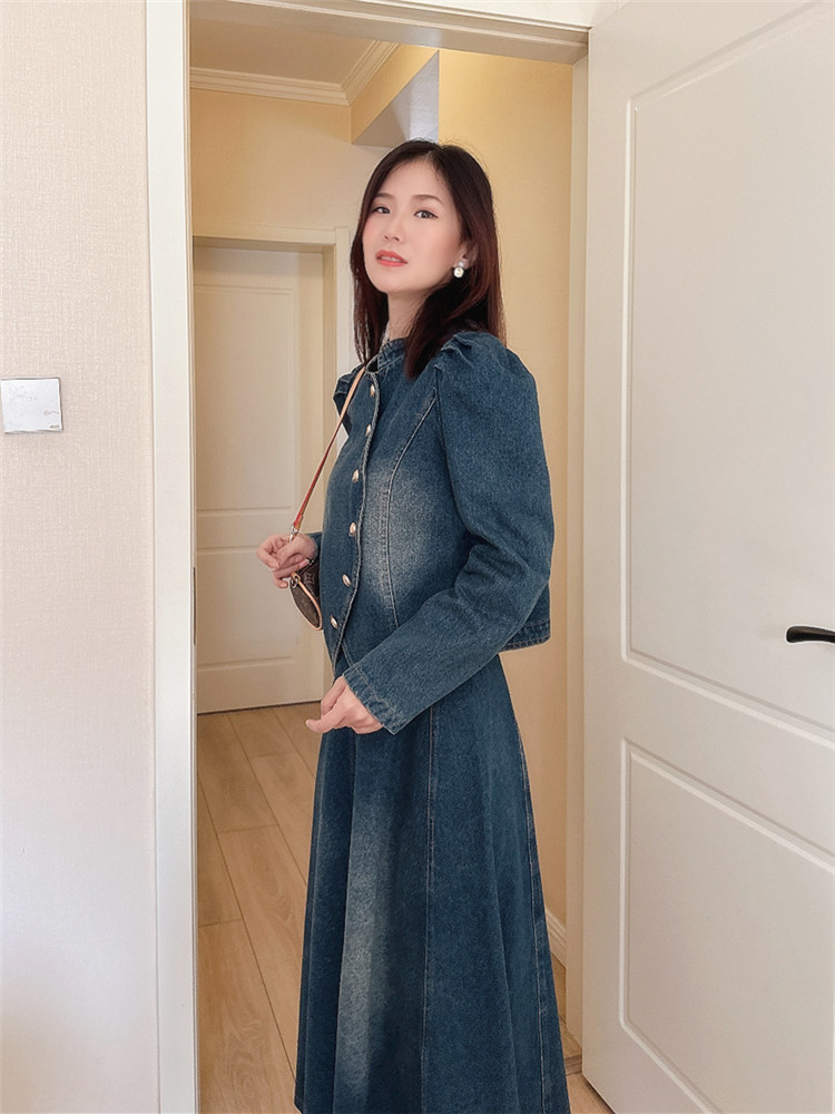 デニムセットアップ レトロ調パフスリーブセットアップ