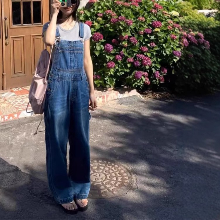 デニムセットアップ ワイドシルエットデニムサロペットパンツ