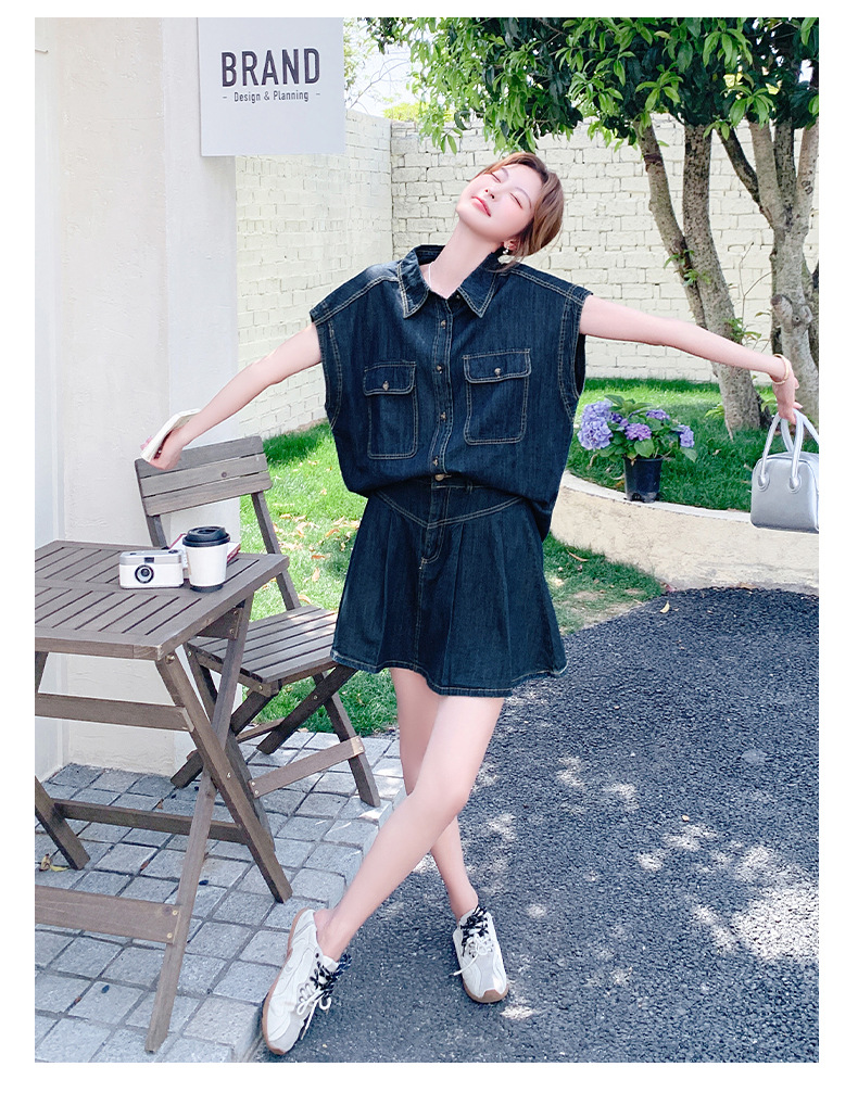 デニムセットアップ ゆったりノースリーブシャツセット