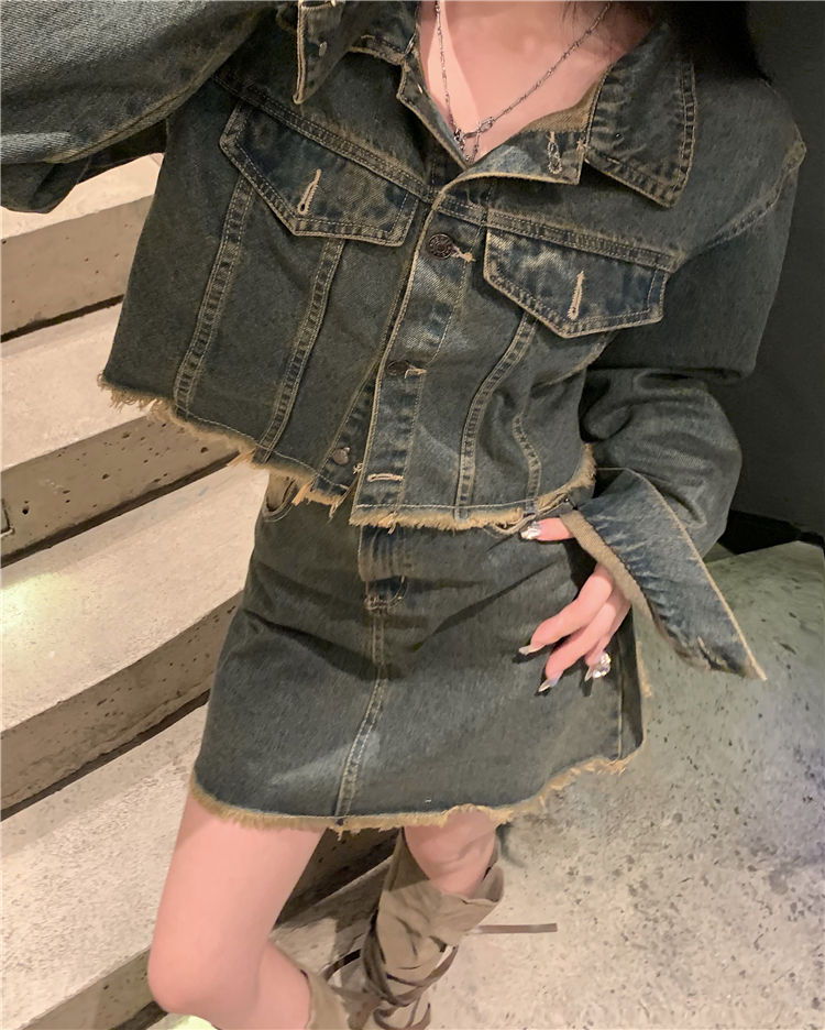 デニムセットアップ 裾フリンジ ジャケット×ミニスカート