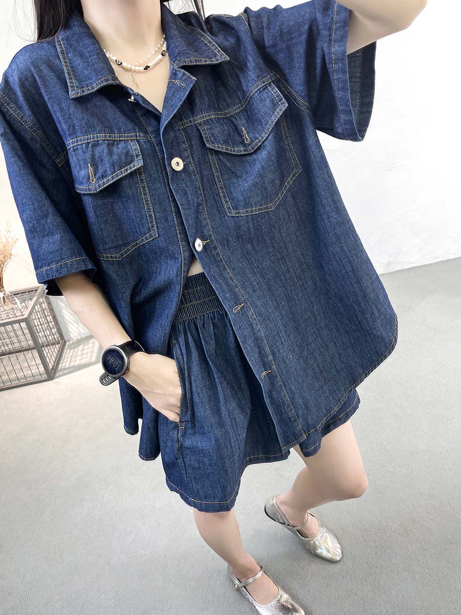 デニムセットアップ ゆったり半袖デニムセットアップ