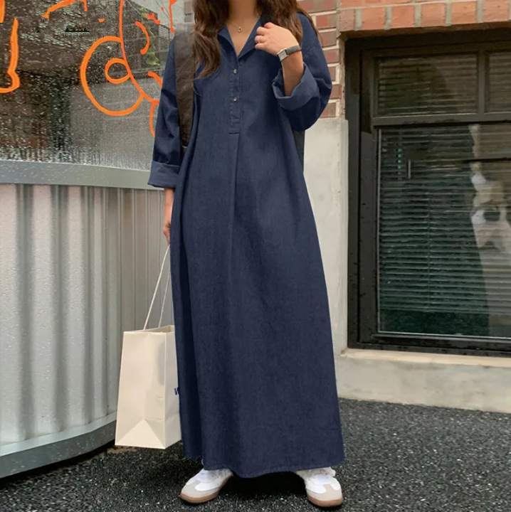 デニムセットアップ デニム素材の長袖マキシ丈シャツワンピース