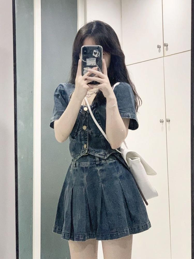 デニムセットアップ プリーツデニム二点セット