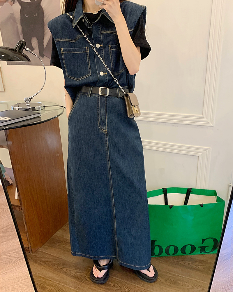 デニムセットアップ 肩パッド半袖シャツとロングスカート