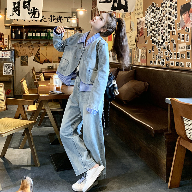 デニムセットアップ ダブルボタンデニムジャケットパンツセット