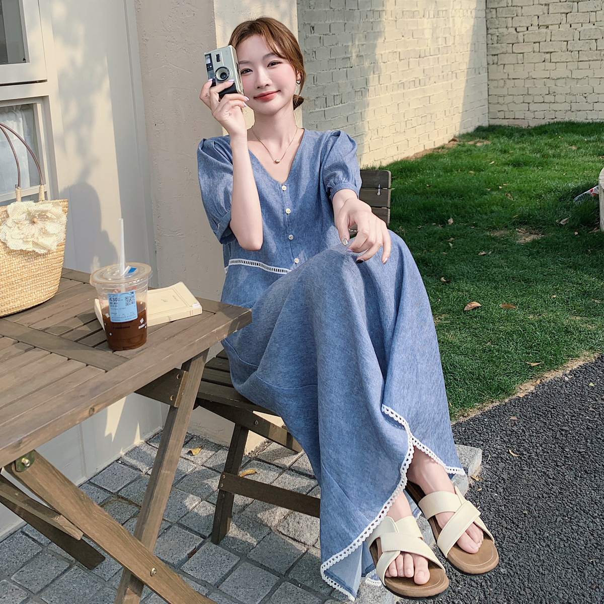 デニムセットアップ レース縁取りパフスリーブセット