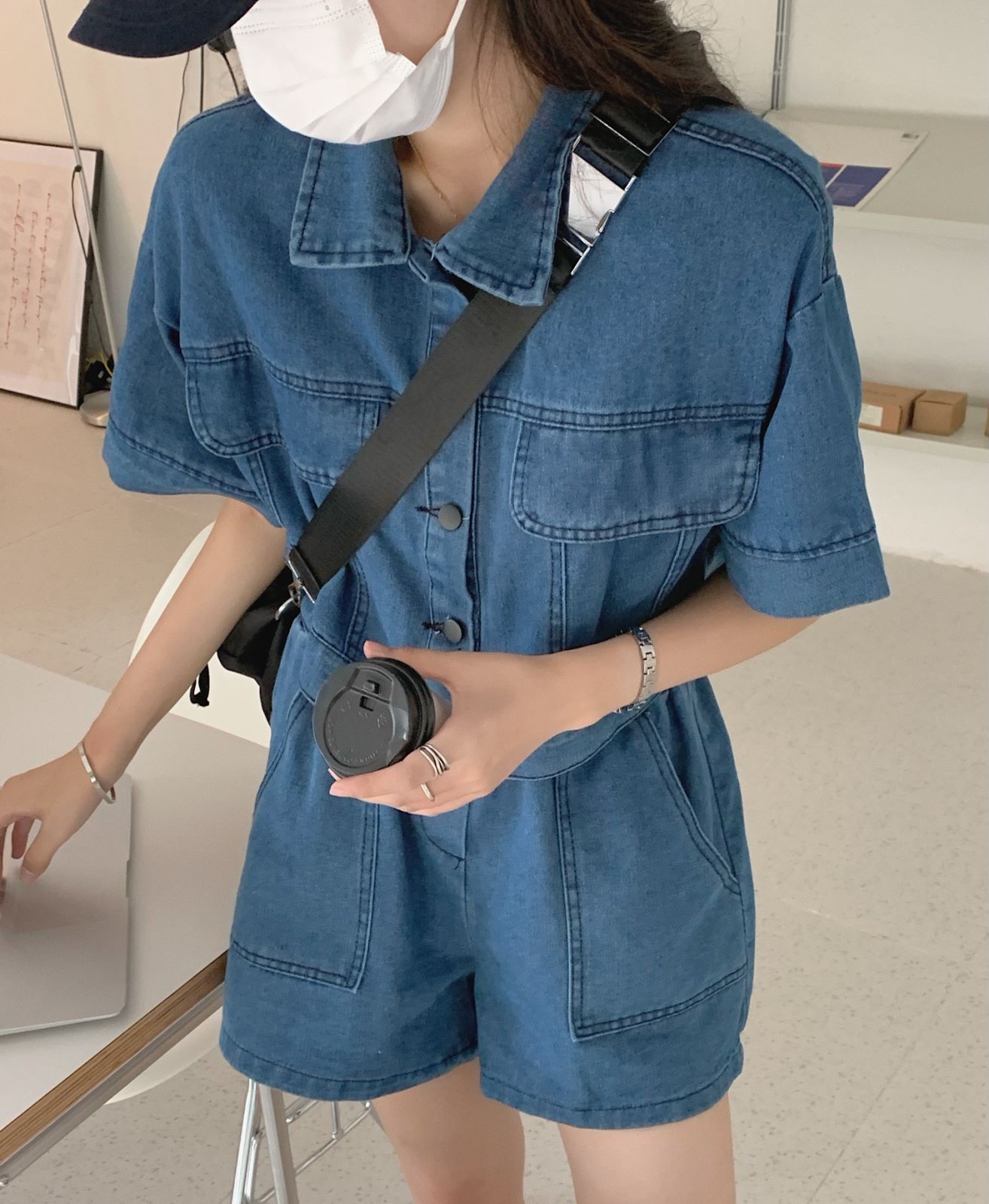デニムセットアップ ゆったり短袖ポケット付きデニム上下セット
