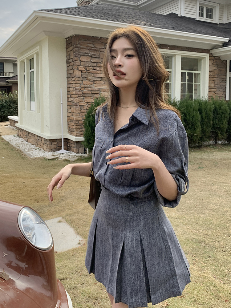 デニムセットアップ 優雅なプリーツミニセット