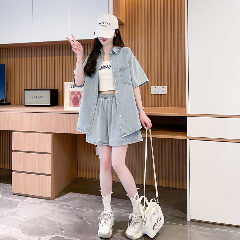 デニムセットアップ ゆったりデニムシャツとショートパンツセット