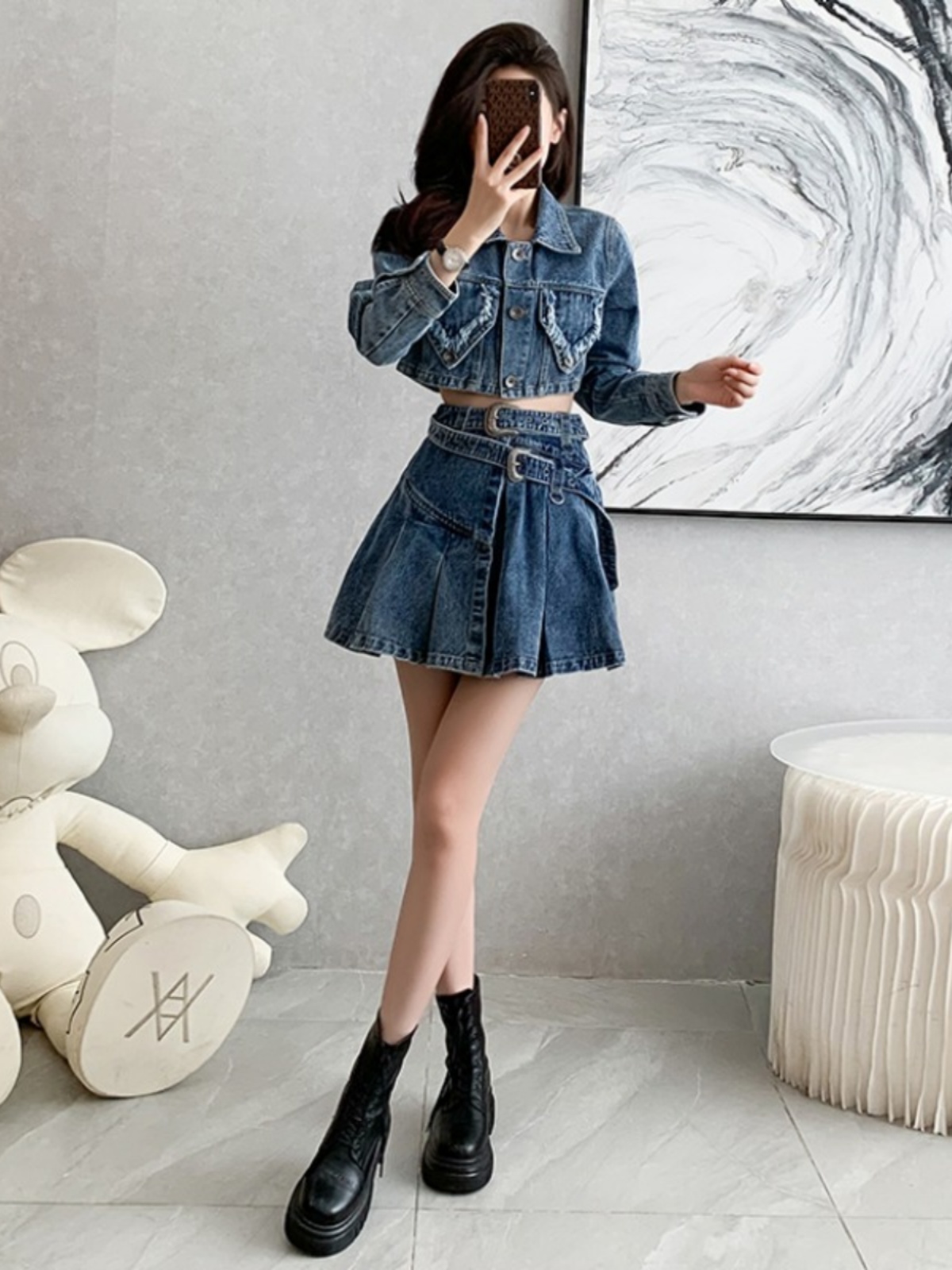 デニムセットアップ クロップド丈ジャケット×プリーツスカート