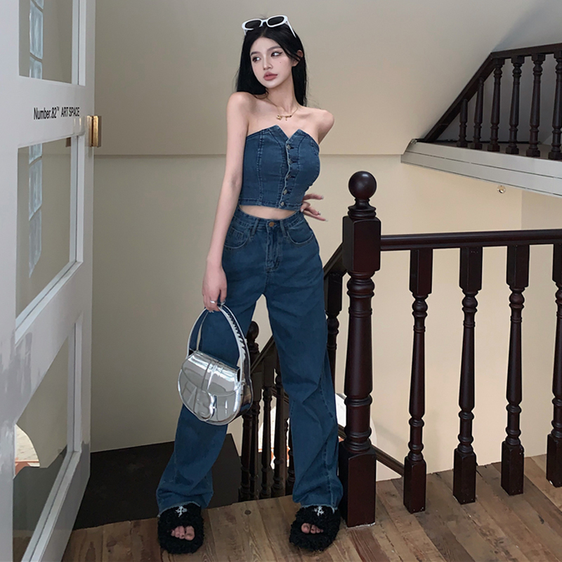 デニムセットアップ フロントボタン美シルエットビスチェセット