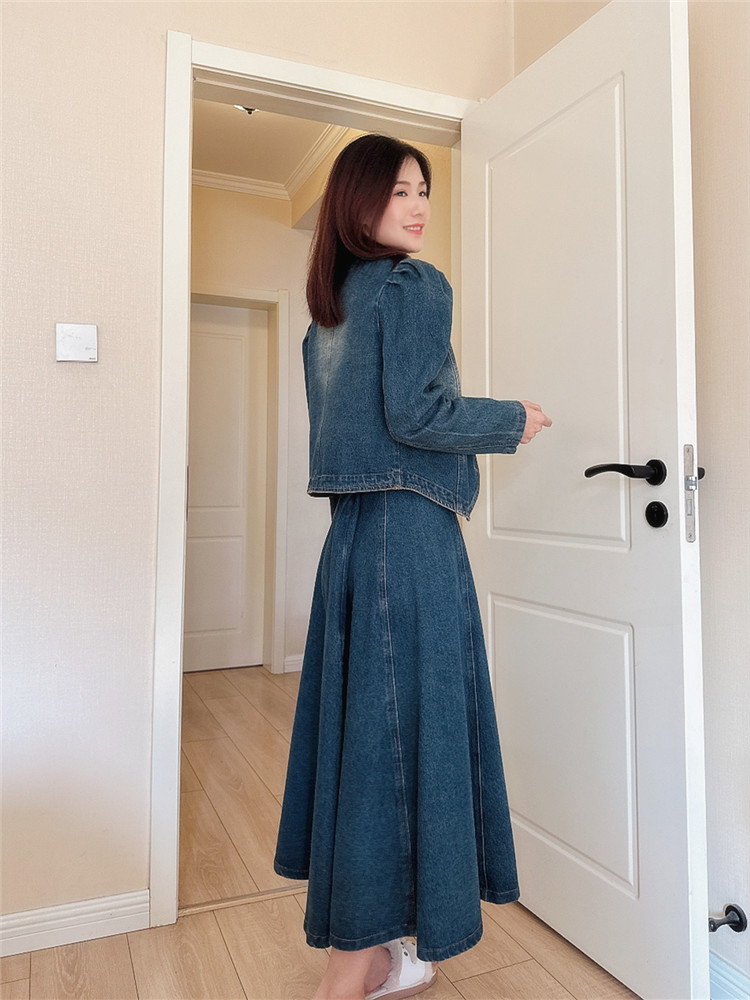 デニムセットアップ レトロ調パフスリーブセットアップ