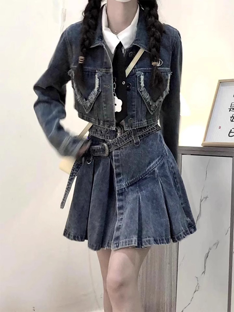 デニムセットアップ クロップド丈デニムジャケット＆プリーツスカートセット